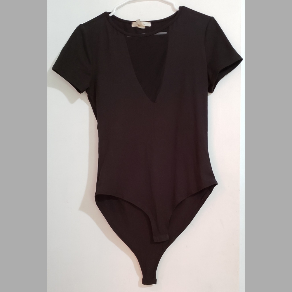 Black Plunge Mesh V-neck Short Sleeve Bodysuit